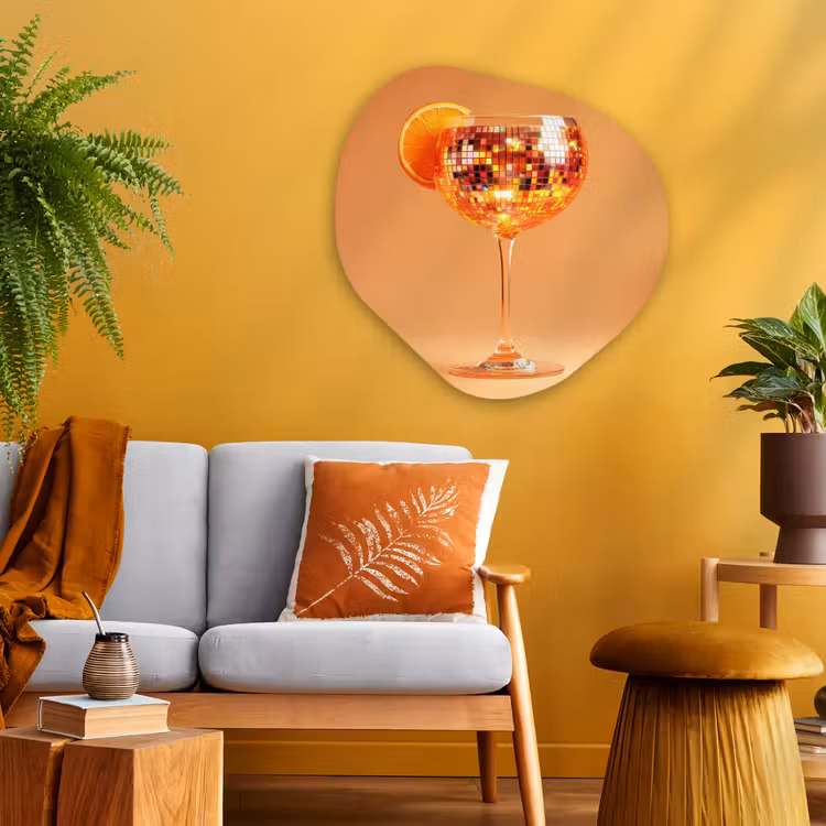 Drank - Oranje - Glitter - Disco Wandcirkel Organisch Aluminium middel -sfeer4