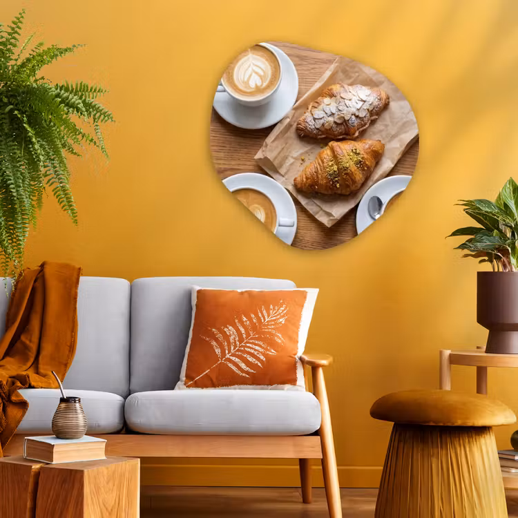 Eten - Croissant - Koffie - Ontbijt - Modern Wandcirkel Organisch Aluminium middel -sfeer4