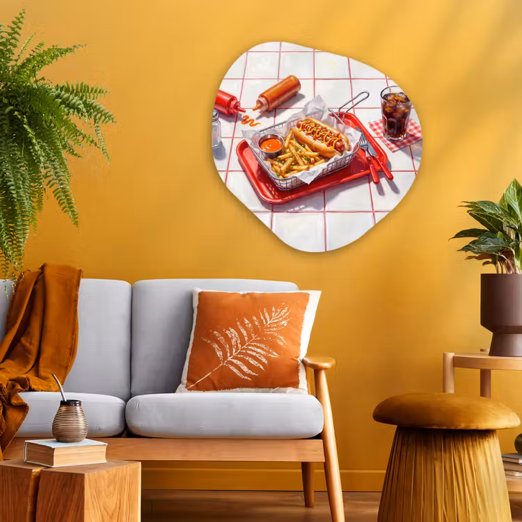Eten - Hotdog - Fastfood - Modern - Rood Wandcirkel Organisch Aluminium middel -sfeer4