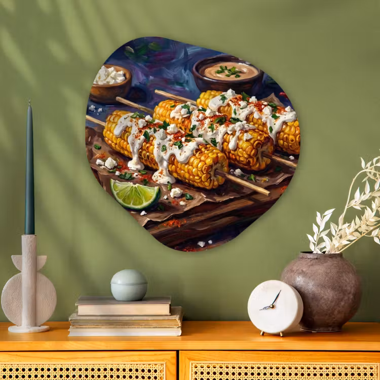 Eten - Maïs - Saus - Geschilderd - Geel Wandcirkel Organisch Aluminium middel -sfeer2