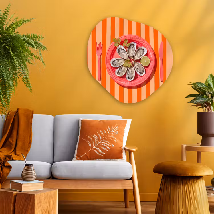 Eten - Oester - Zeevruchten - Oranje - Modern Wandcirkel Organisch Aluminium middel -sfeer4