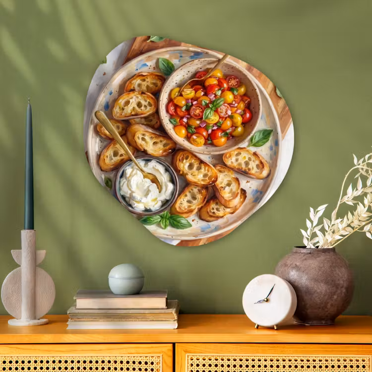 Eten - Tomaat - Brood - Kleurrijk - Keuken Wandcirkel Organisch Aluminium middel -sfeer2