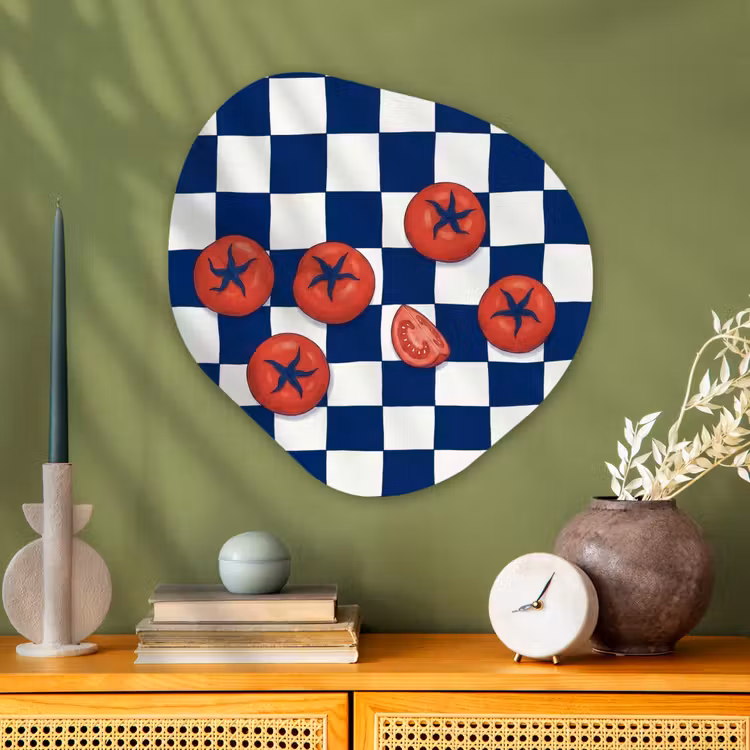 Eten - Tomaten - Keuken - Illustratie - Rood-Blauw Wandcirkel Organisch Aluminium middel -sfeer2