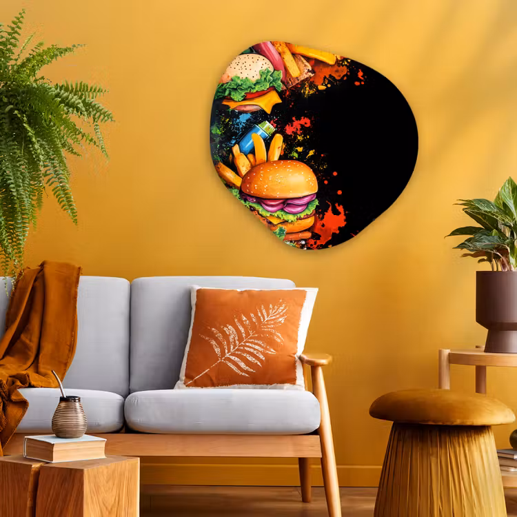 Fastfood - Graffiti - Hamburger - Eten - Modern Wandcirkel Organisch Aluminium middel -sfeer4