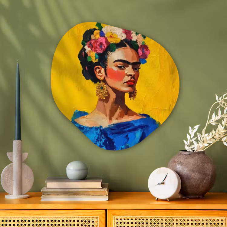 Frida Kahlo - Vrouw - Geel - Blauw - Bloemen Wandcirkel Organisch Aluminium middel -sfeer2