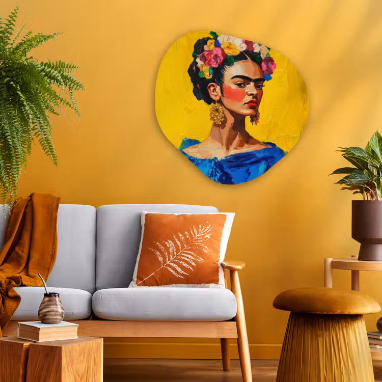 Frida Kahlo - Vrouw - Geel - Blauw - Bloemen Wandcirkel Organisch Aluminium middel -sfeer4