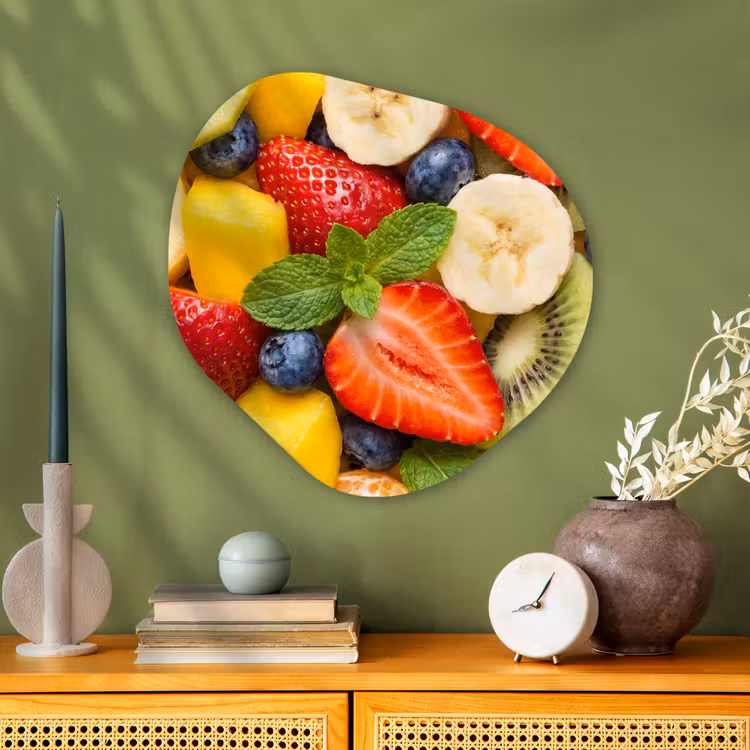 Fruit - Plakjes - Eten - Kleurrijk Wandcirkel Organisch Aluminium middel -sfeer2