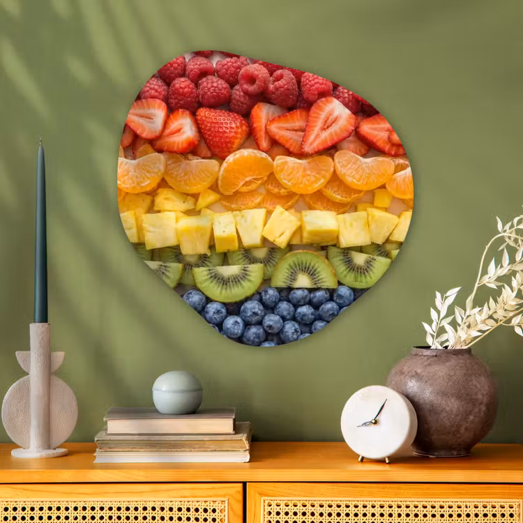 Fruit - Regenboog - Gezond - Kleurrijk Wandcirkel Organisch Aluminium middel -sfeer2