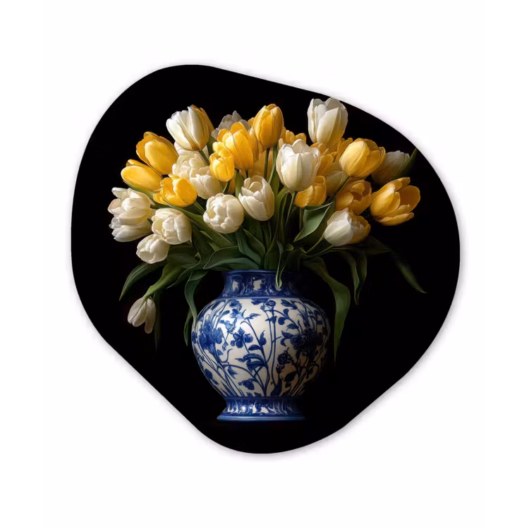 Geel - Tulpen - Vaas - Bloemen Wandcirkel Organisch Aluminium middel -3d