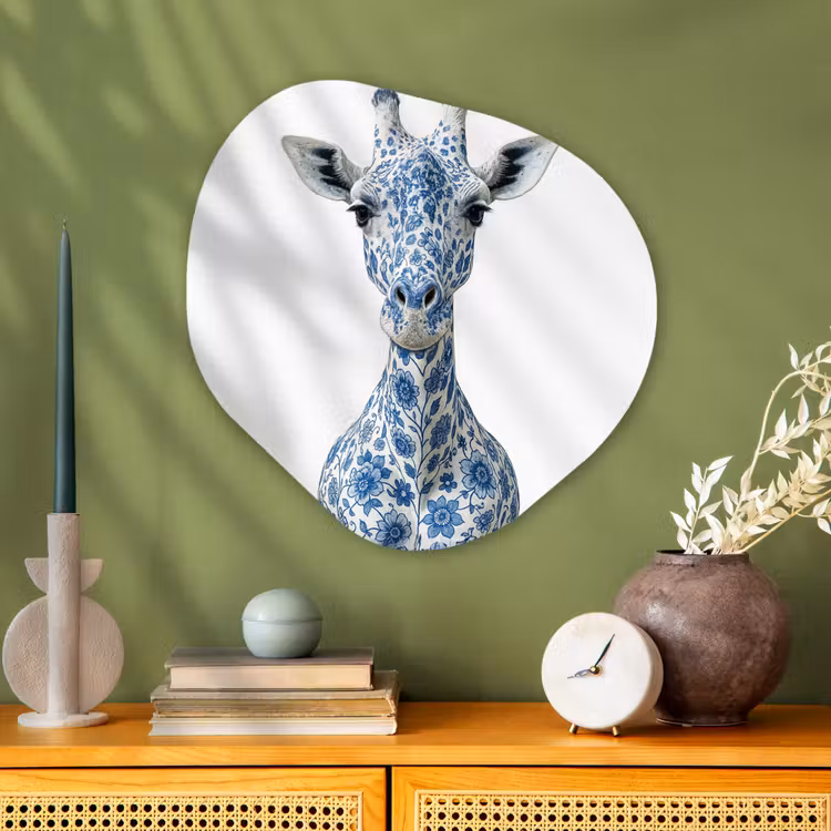 Giraffe - Delfts blauw - Dieren - Minimalistisch Wandcirkel Organisch Aluminium middel -sfeer2