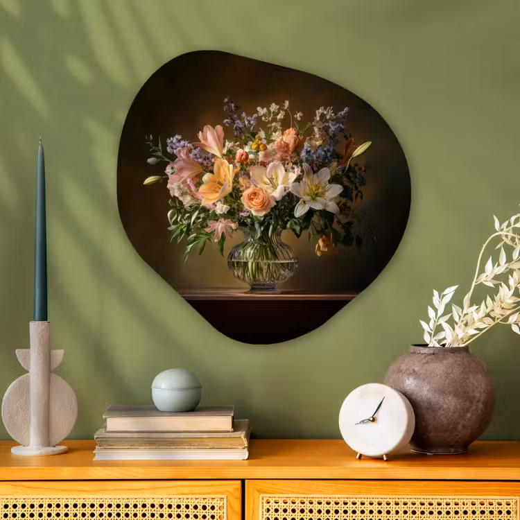 Glazen - Bloemen - Boeket - Kleuren Wandcirkel Organisch Aluminium middel -sfeer2