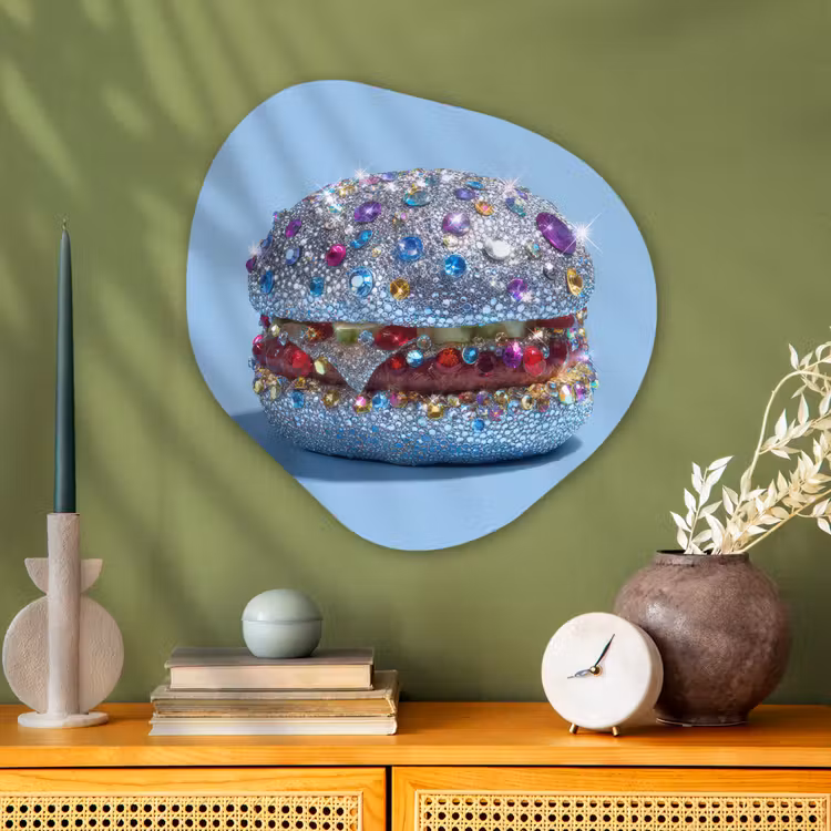 Glitters - Hamburger - Blauw Wandcirkel Organisch Aluminium middel -sfeer2