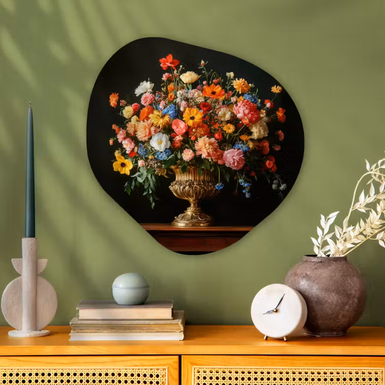 Goud - Bloemen - Kleuren - Vaas Wandcirkel Organisch Aluminium middel -sfeer2