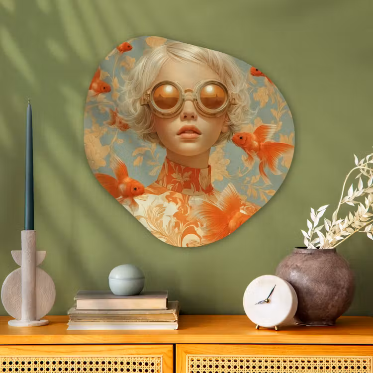 Goudvissen - Oranje - Vrouw - Blond Wandcirkel Organisch Aluminium middel -sfeer2