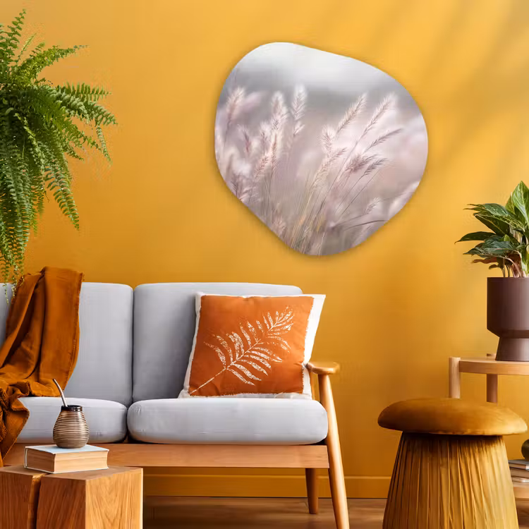 Graspluimen - Wind - Beige - Mistig Wandcirkel Organisch Aluminium middel -sfeer4