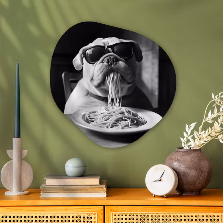 Hond - Bulldog - Pasta - Bril - Stoer - Dieren Wandcirkel Organisch Aluminium middel -sfeer2