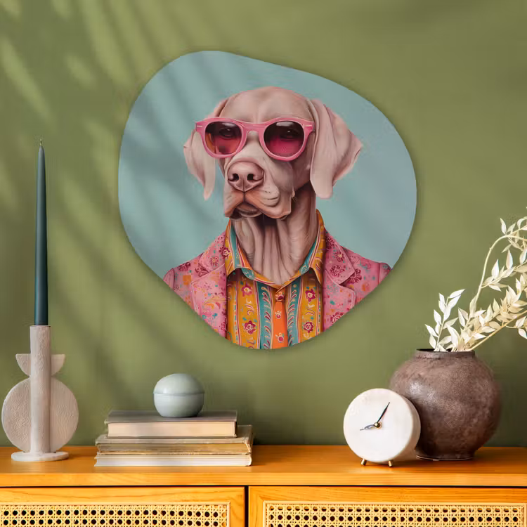 Hond - Overhemd - Bloemen - Bril Wandcirkel Organisch Aluminium middel -sfeer2