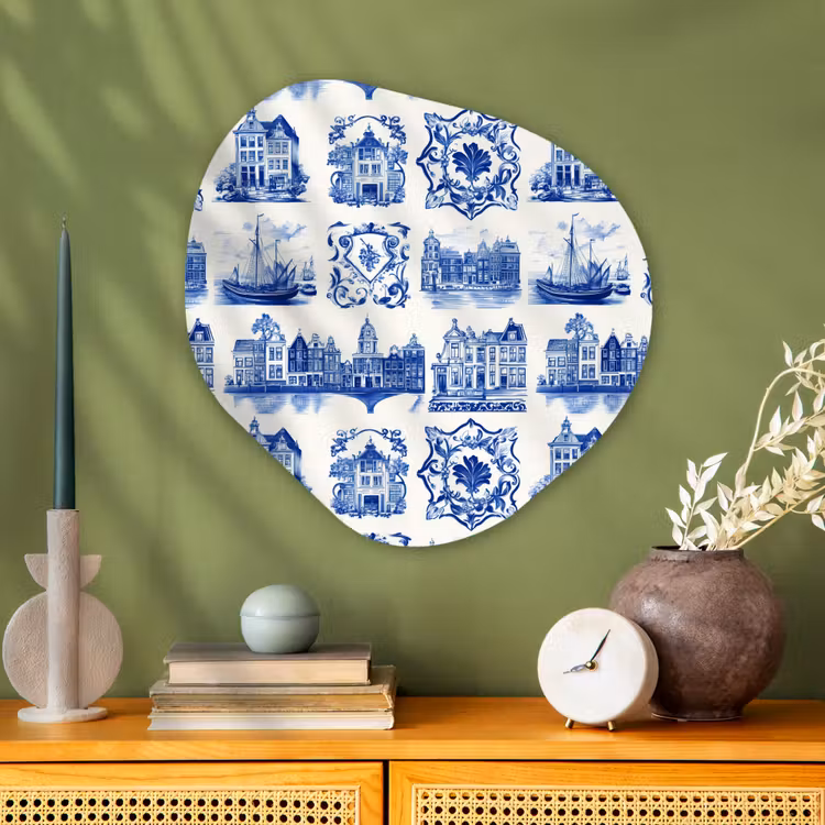 Huizen - Schepen - Blauw Wandcirkel Organisch Aluminium middel 851 -sfeer2