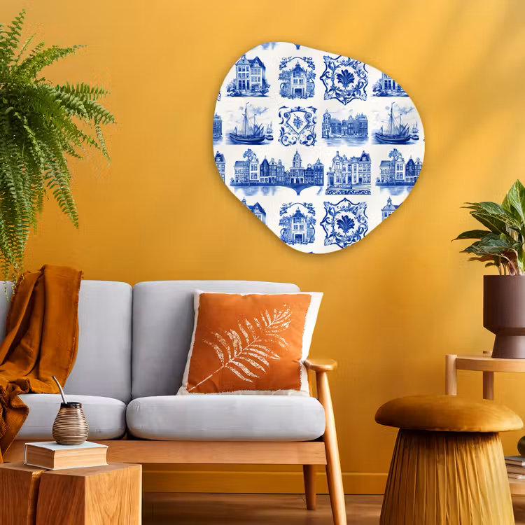 Huizen - Schepen - Blauw Wandcirkel Organisch Aluminium middel 851 -sfeer4