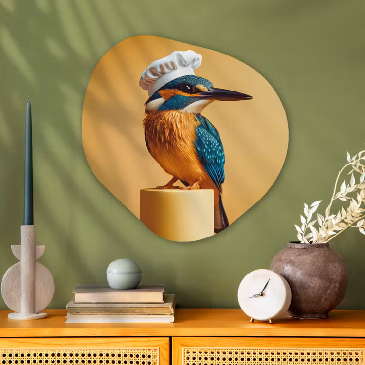 Ijsvogel - Pilaar - Koksmuts - Vogel Wandcirkel Organisch Aluminium middel -sfeer2