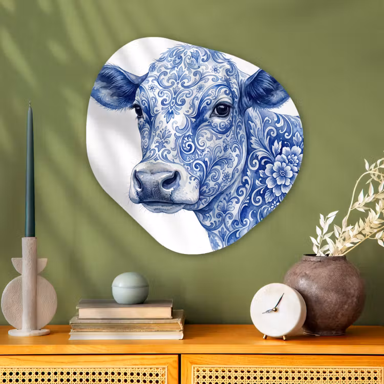 Illustratie - Koe - Blauw Wandcirkel Organisch Aluminium middel -sfeer2