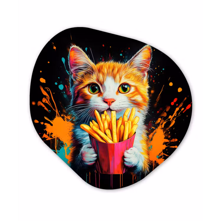 Kat - Eten - Patat - Graffiti - Abstract Wandcirkel Organisch Aluminium middel -3d