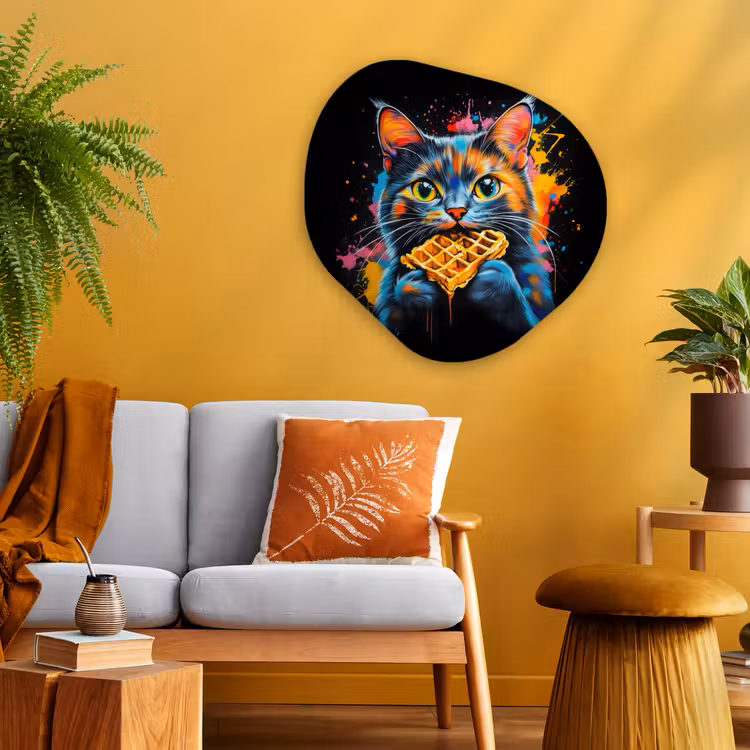 Kat - Graffiti - Kleurrijk - Wafel - Eten Wandcirkel Organisch Aluminium middel -sfeer4