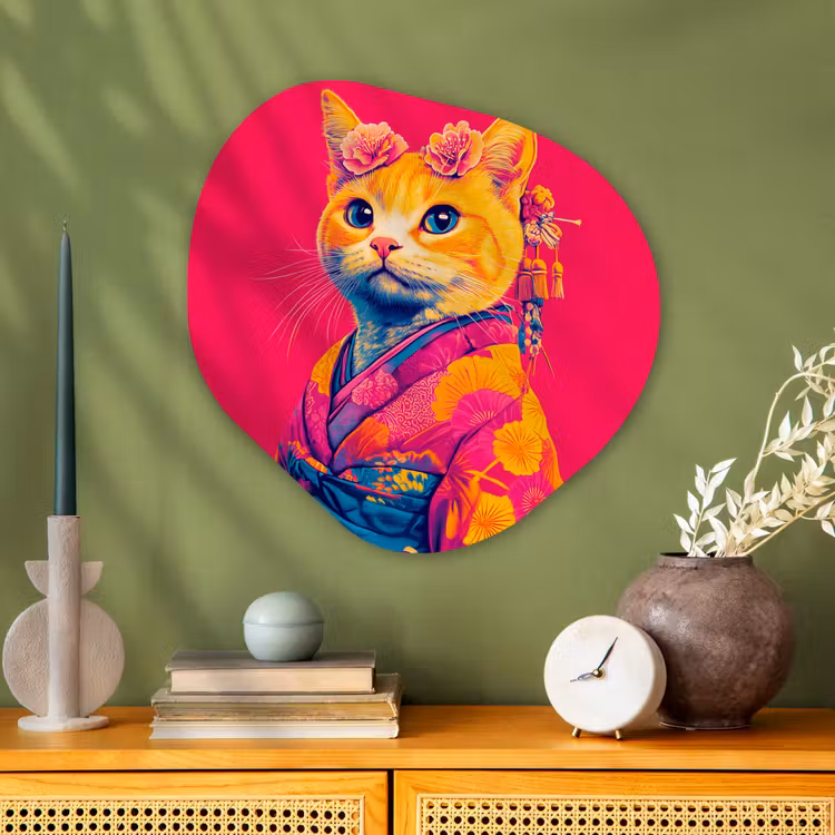 Kat - Kimono - Bloemen - Roze Wandcirkel Organisch Aluminium middel -sfeer2