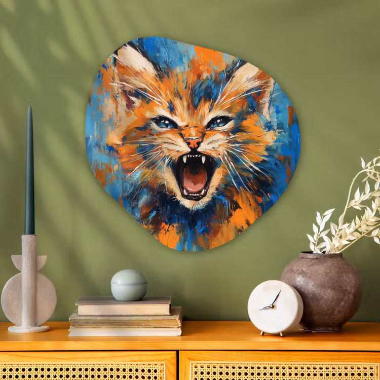 Kat - Kleurrijk - Oranje - Blauw Wandcirkel Organisch Aluminium middel -sfeer2