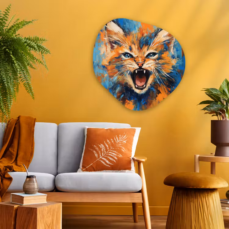 Kat - Kleurrijk - Oranje - Blauw Wandcirkel Organisch Aluminium middel -sfeer4
