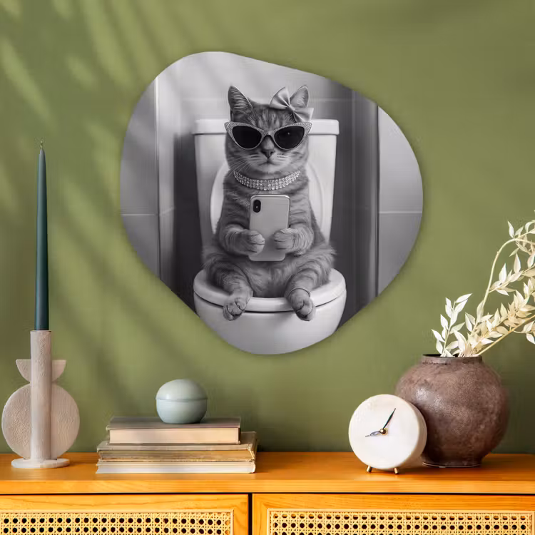 Kat - Telefoon - Toilet - Zwart - Wit Wandcirkel Organisch Aluminium middel -sfeer2