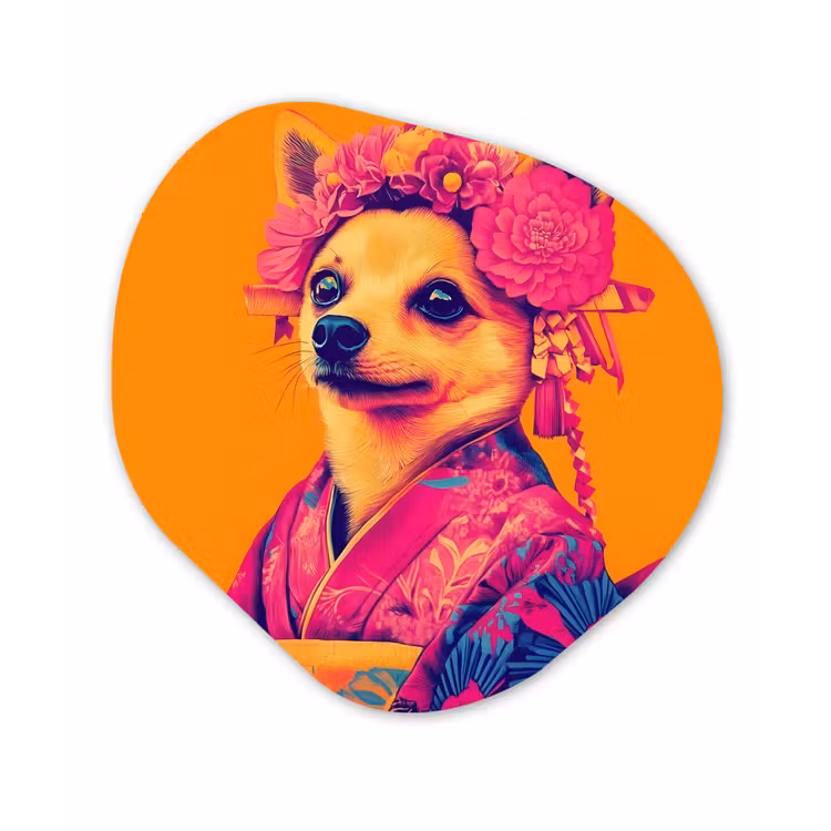 Kimono - Hondje - Bloemenkroon - Oranje Wandcirkel Organisch Aluminium middel -3d
