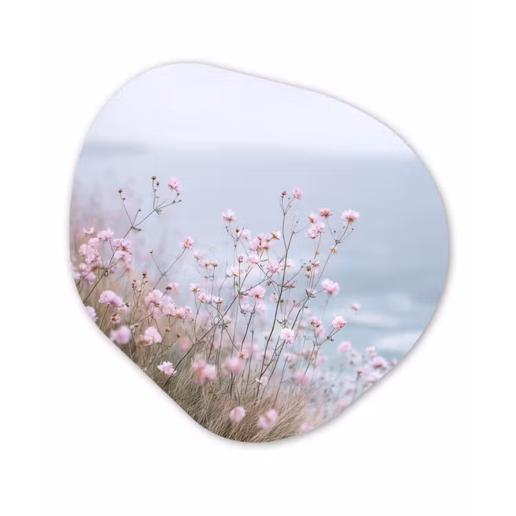 Klif - Bloemen - Zee - Roze Wandcirkel Organisch Aluminium middel -3d