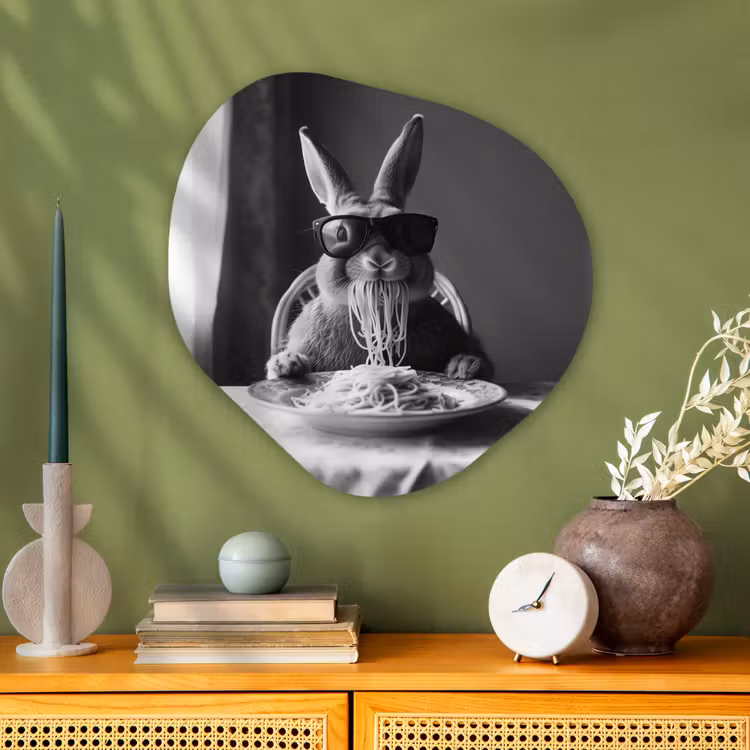 Konijn - Bunny - Zonnebril - Tafelkleed - Pasta - Schattig Wandcirkel Organisch Aluminium middel -sfeer2