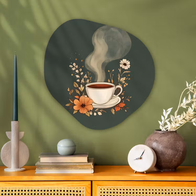 Kop - Bloemen - Groen - Koffie Wandcirkel Organisch Aluminium middel -sfeer2