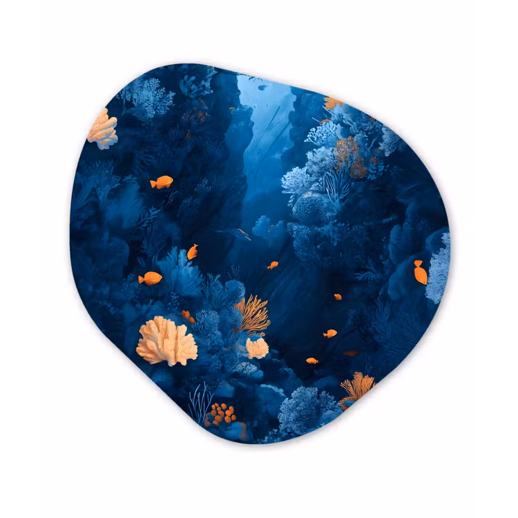 Koraalrif - Vissen - Oceaan - Blauw Wandcirkel Organisch Aluminium middel -3d