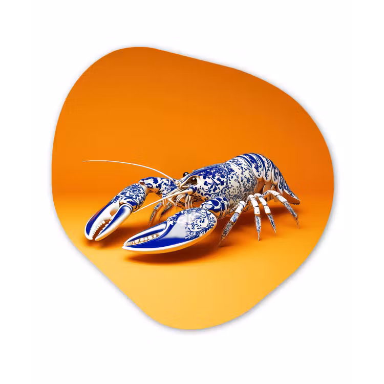 Kreeft - Delftsblauw - Schild - Stoer - Oranje Wandcirkel Organisch Aluminium middel -3d