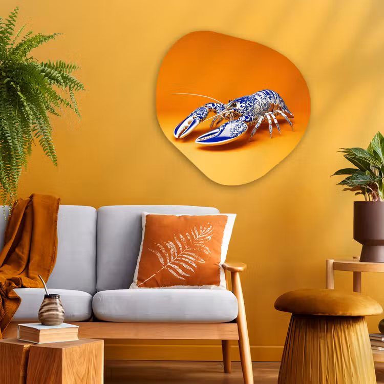 Kreeft - Delftsblauw - Schild - Stoer - Oranje Wandcirkel Organisch Aluminium middel -sfeer4