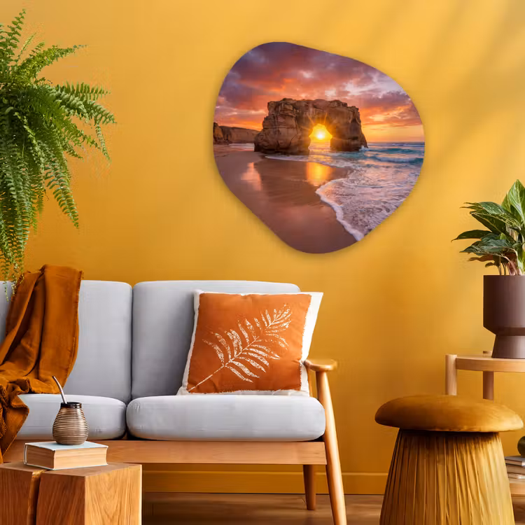 Kust - Rots - Zonsondergang - Zee - Natuur Wandcirkel Organisch Aluminium middel -sfeer4