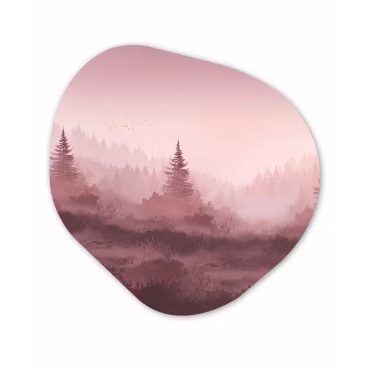 Landschap - Mistig - Roze Wandcirkel Organisch Aluminium middel -3d