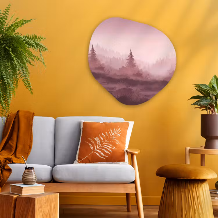 Landschap - Mistig - Roze Wandcirkel Organisch Aluminium middel -sfeer4