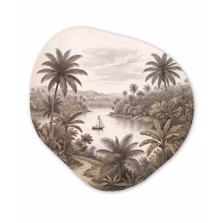 Landschap - Rivier - Boot - Tropisch - Vintage Wandcirkel Organisch Aluminium middel -3d