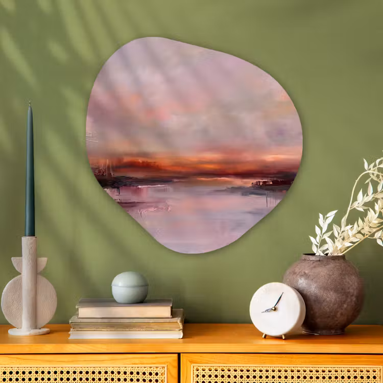 Landschap - Zonsondergang - Abstract - Modern - Roze Wandcirkel Organisch Aluminium middel -sfeer2