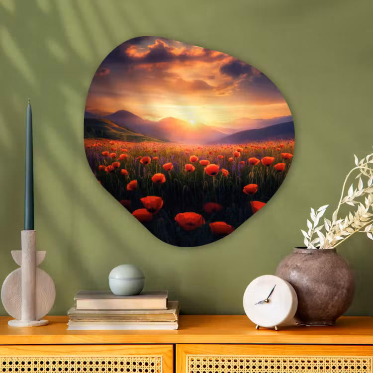 Landschap - Zonsondergang - Bloemenveld Wandcirkel Organisch Aluminium middel -sfeer2