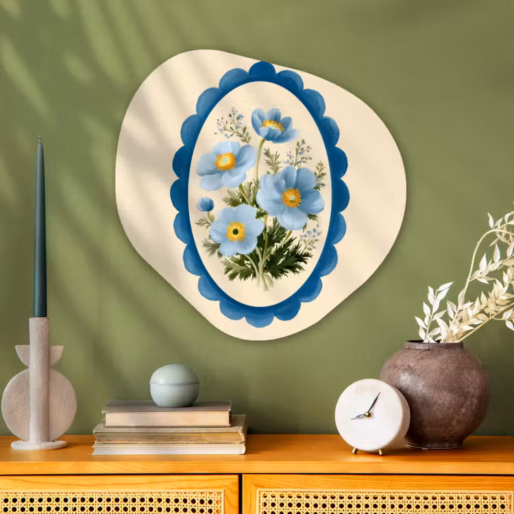 Lijst - Bloemen - Lichtblauw - Illustratie Wandcirkel Organisch Aluminium middel -sfeer2