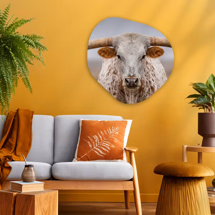 Longhorn - Grasveld - Dier Wandcirkel Organisch Aluminium middel -sfeer4