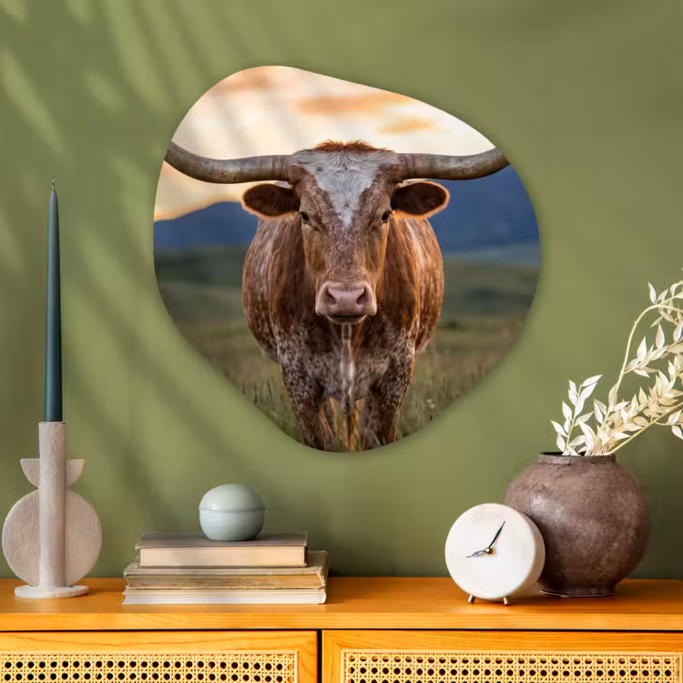 Longhorn - Landschap - Zonsondergang Wandcirkel Organisch Aluminium middel -sfeer2