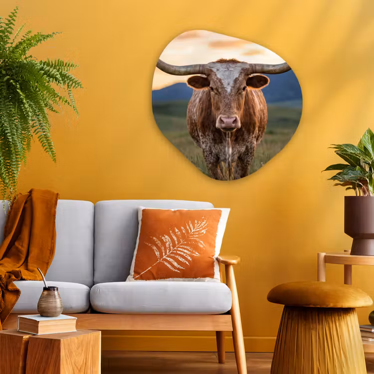 Longhorn - Landschap - Zonsondergang Wandcirkel Organisch Aluminium middel -sfeer4