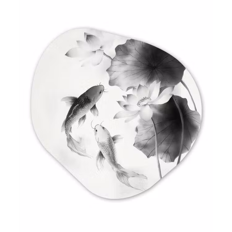 Lotusbloemen - Vissen - Bladeren - Zwart Wandcirkel Organisch Aluminium middel -3d