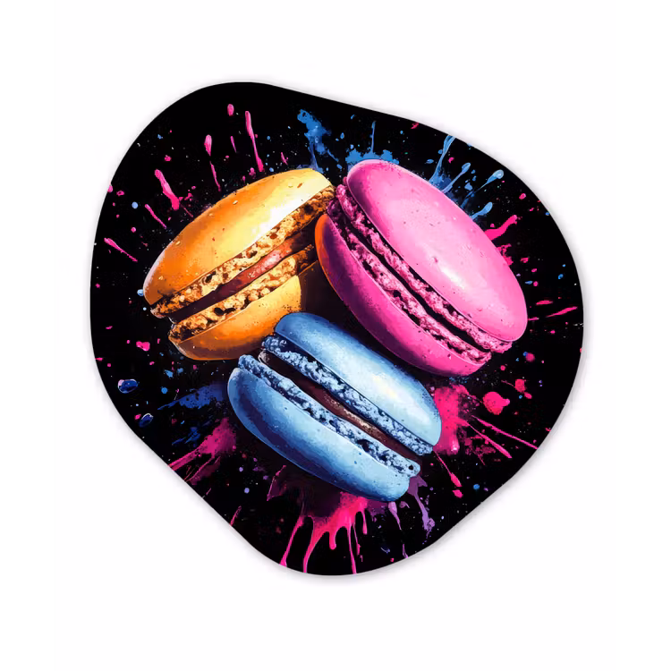 Macarons - Dessert - Graffiti - Kleurrijk - Roze - Blauw - Geel Wandcirkel Organisch Aluminium middel -3d